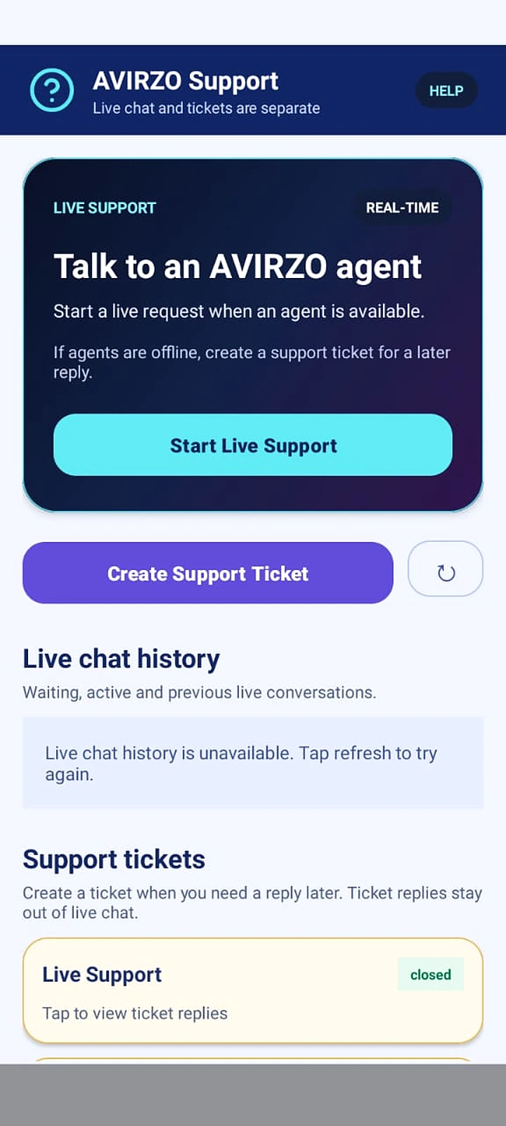Real AVIRZO Support & tickets app screen