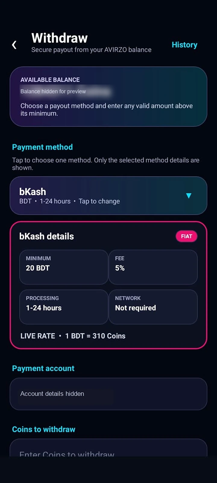 Real AVIRZO Withdraw app screen