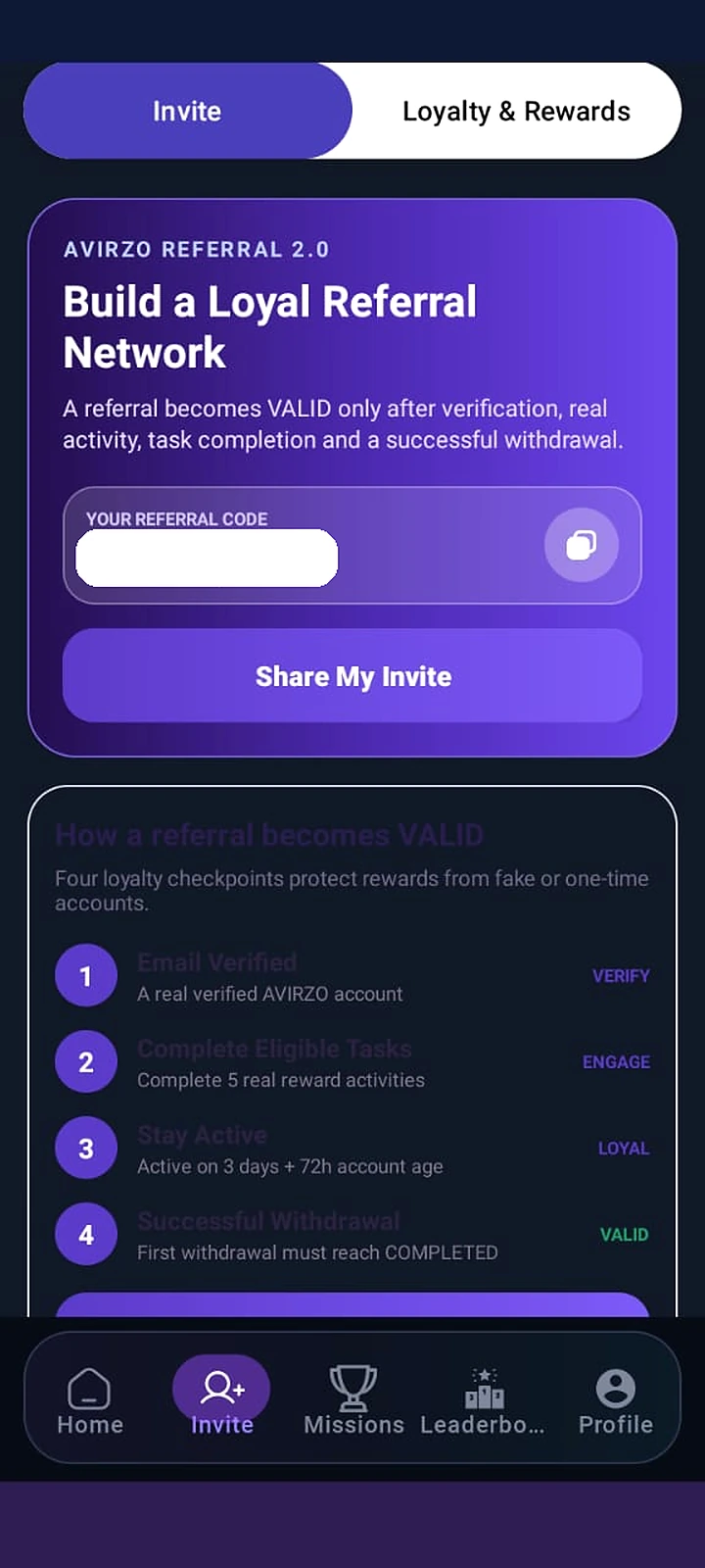 Real AVIRZO Referral program app screen