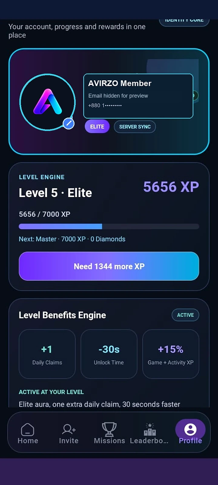 Real AVIRZO Profile & levels app screen