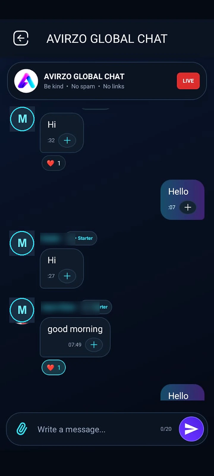 Real AVIRZO Global chat app screen