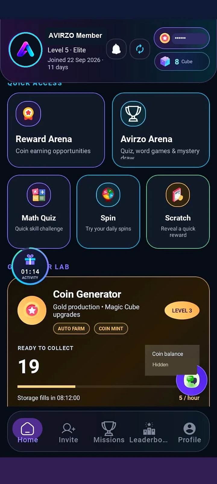 Real AVIRZO Home & Coin Generator app screen